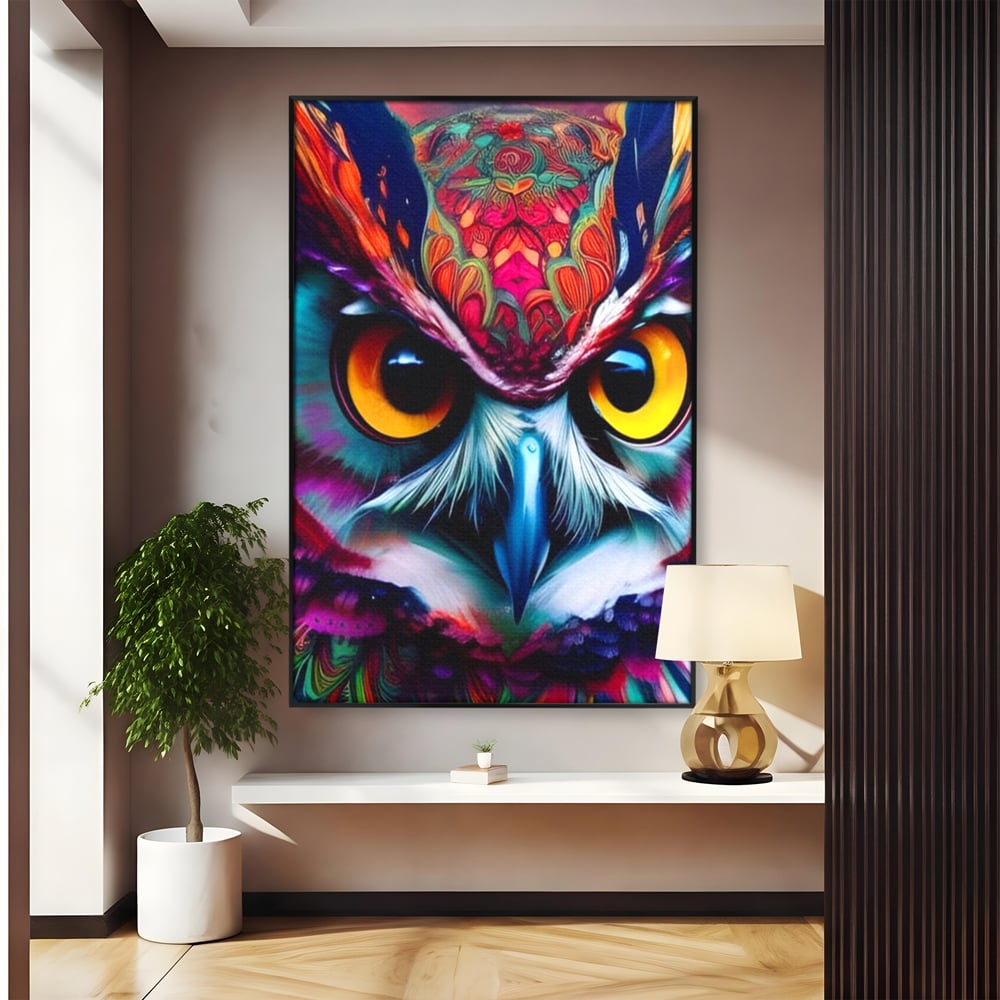 Tablou canvas cu portret digital de bufnita colorata, in rama de aluminiu negru